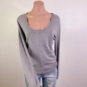 Max Studio Ruffle Scoop Neck Long Sleeve Knit Pullover Sweater Gray size S NWOT